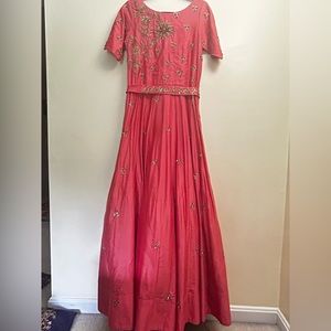 Embroidered Gown with Waist Belt